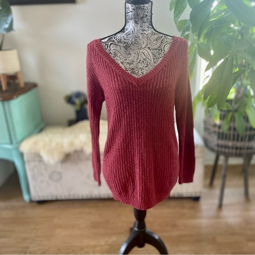 Open Back Knit Fall Sweater in Burnt Brick Orange, Size Small Oversize